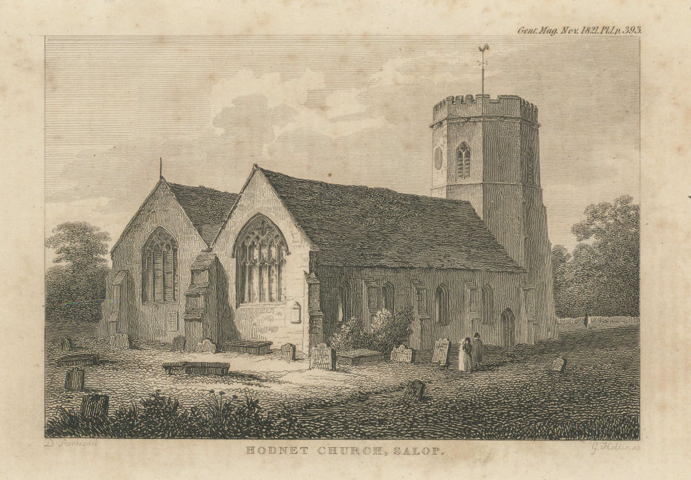 View of St Luke's Church in Hodnet, Shropshire 1821 old antique print picture