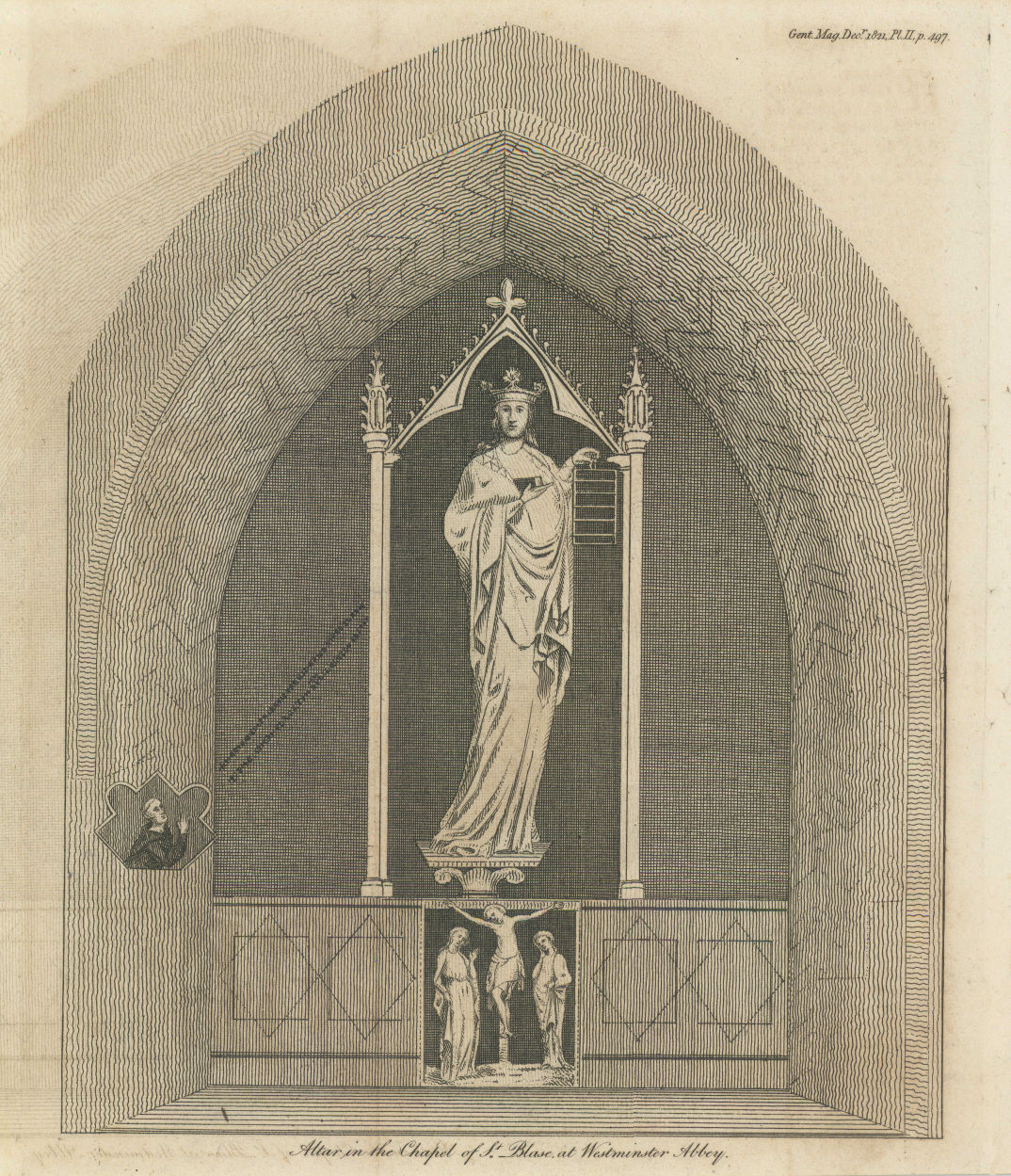 Altar in the Chapel of St Blaise, Westminster Abbey, London 1821 old print