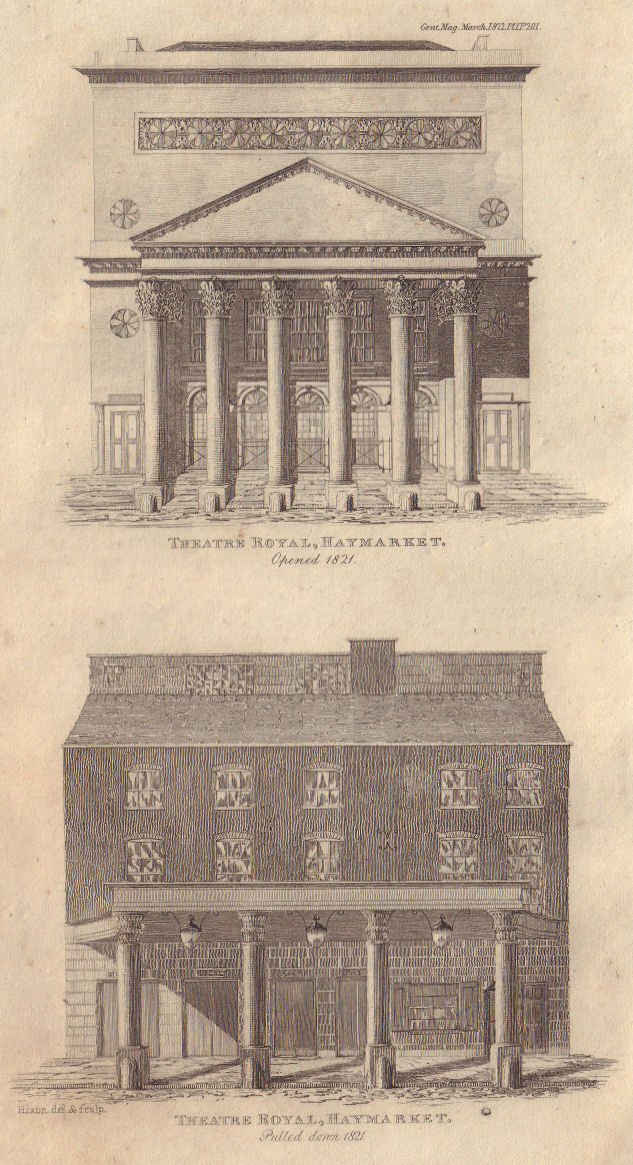 Associate Product Views of the old & new (Nash, 1821) Theatre Royal Haymarket, London 1822 print