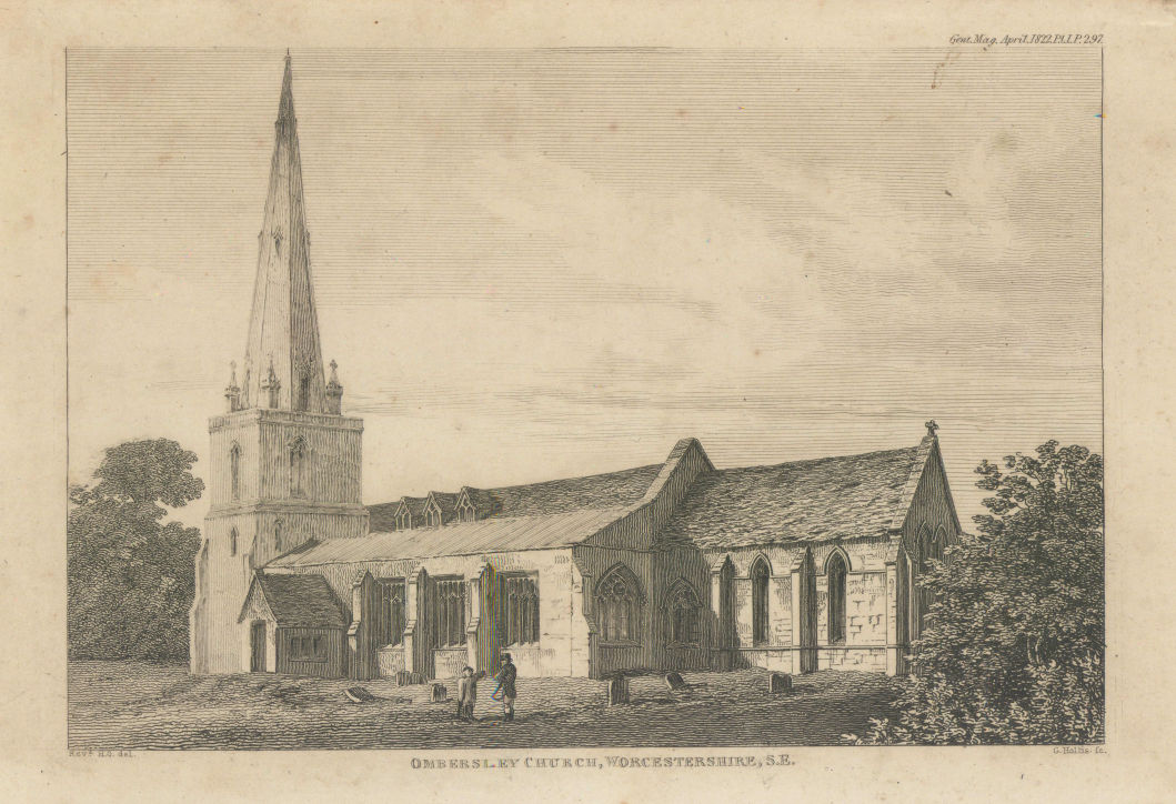 South east view of St Andrew's Church in Ombersley, Worcestershire 1822 print