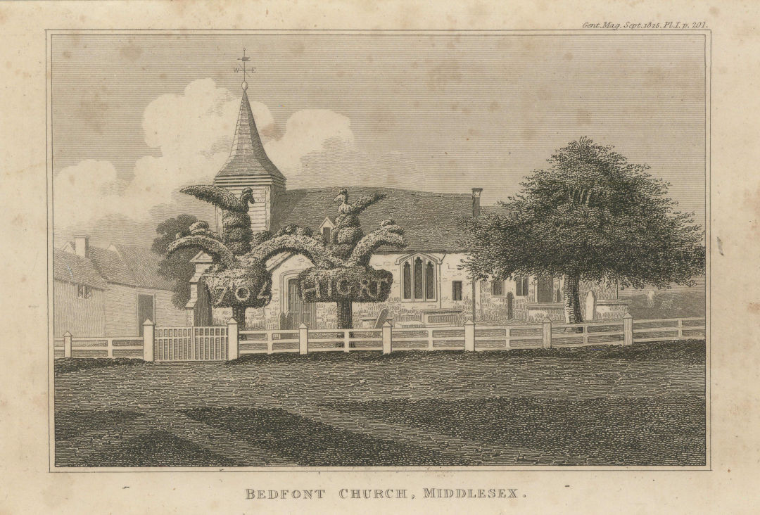 View of St Mary the Virgin Church, Bedfont, London 1825 old antique print
