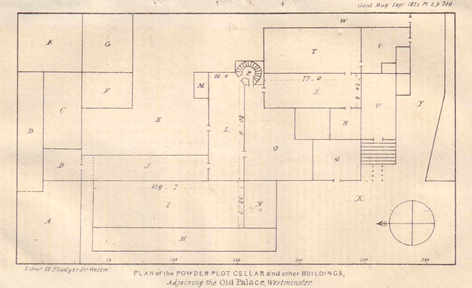 Gunpower plot cellar plan, Westminster Old Palace, London. Guy Fawkes 1825 map