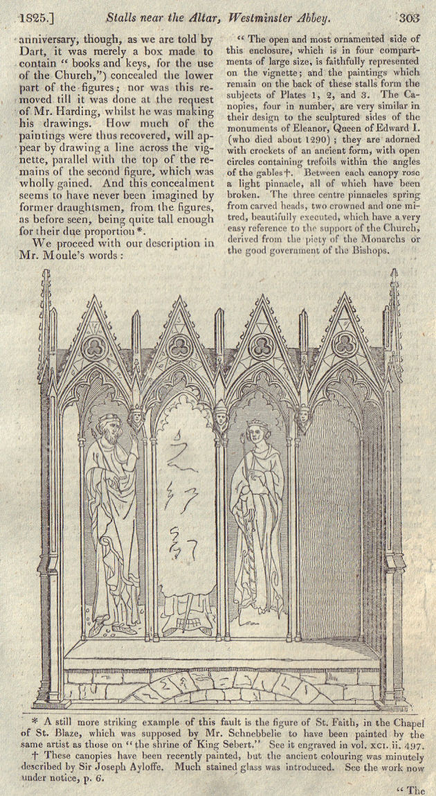 Stalls near the altar, Westminster Abbey. London 1825 old antique print