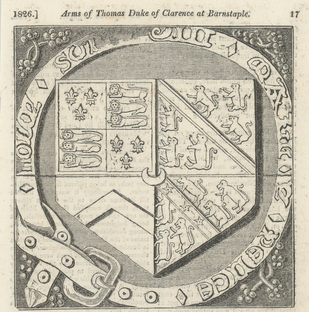 Coat of Arms of Thomas Duke of Clarence found at Barnstaple, Devon 1826 print