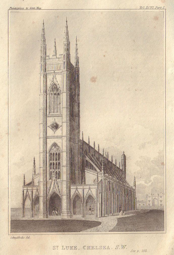 South west view of St Luke Church, Chelsea, London 1826 old antique print