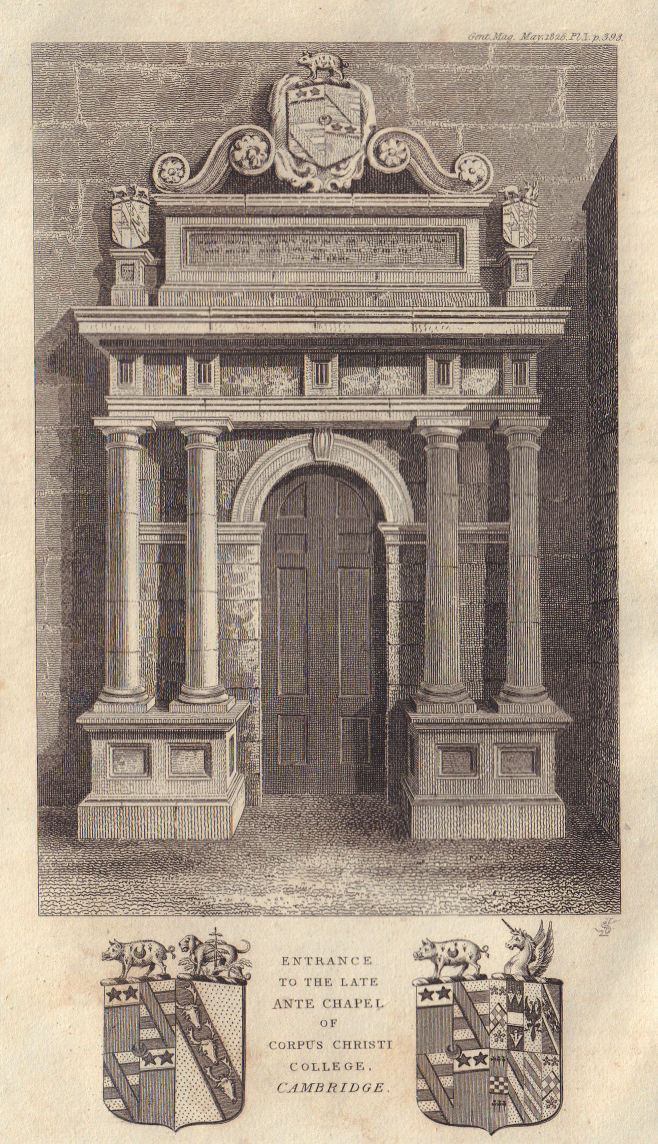 Entrance to late Ante Chapel of Corpus Christi College, Cambridge 1826 print