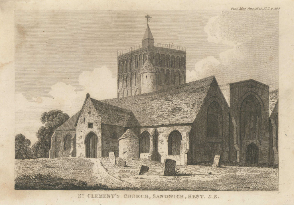 South east view of St Clement's Church, Sandwich, Kent 1826 old antique print