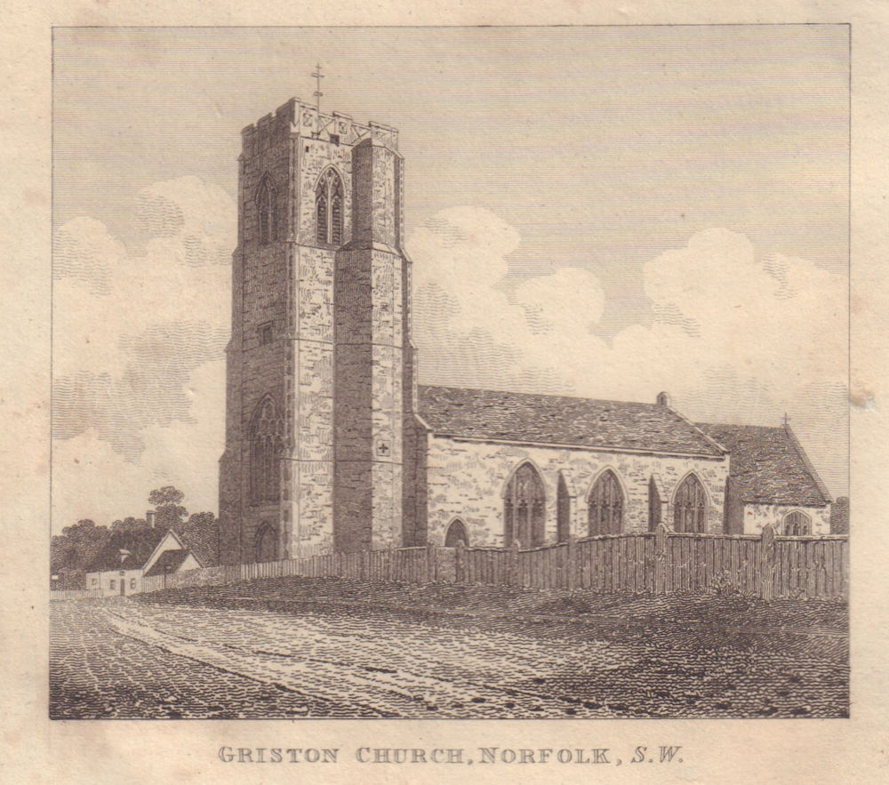 South west view of St Peter & St Paul's Church, Griston, Norfolk 1826 print