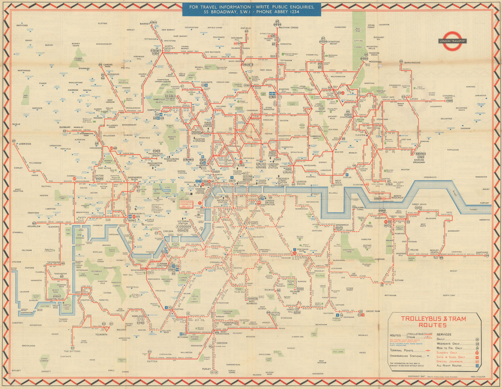 London Transport Trolleybus & Tram map of Routes. ELSTON. #2 1947 old