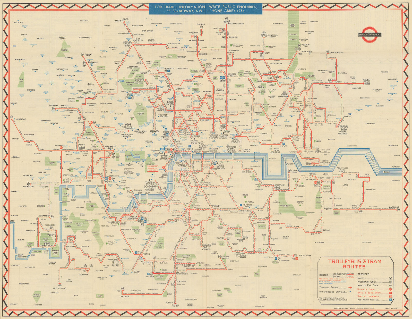 London Transport Trolleybus & Tram route map. ELSTON. May 1949 old vintage