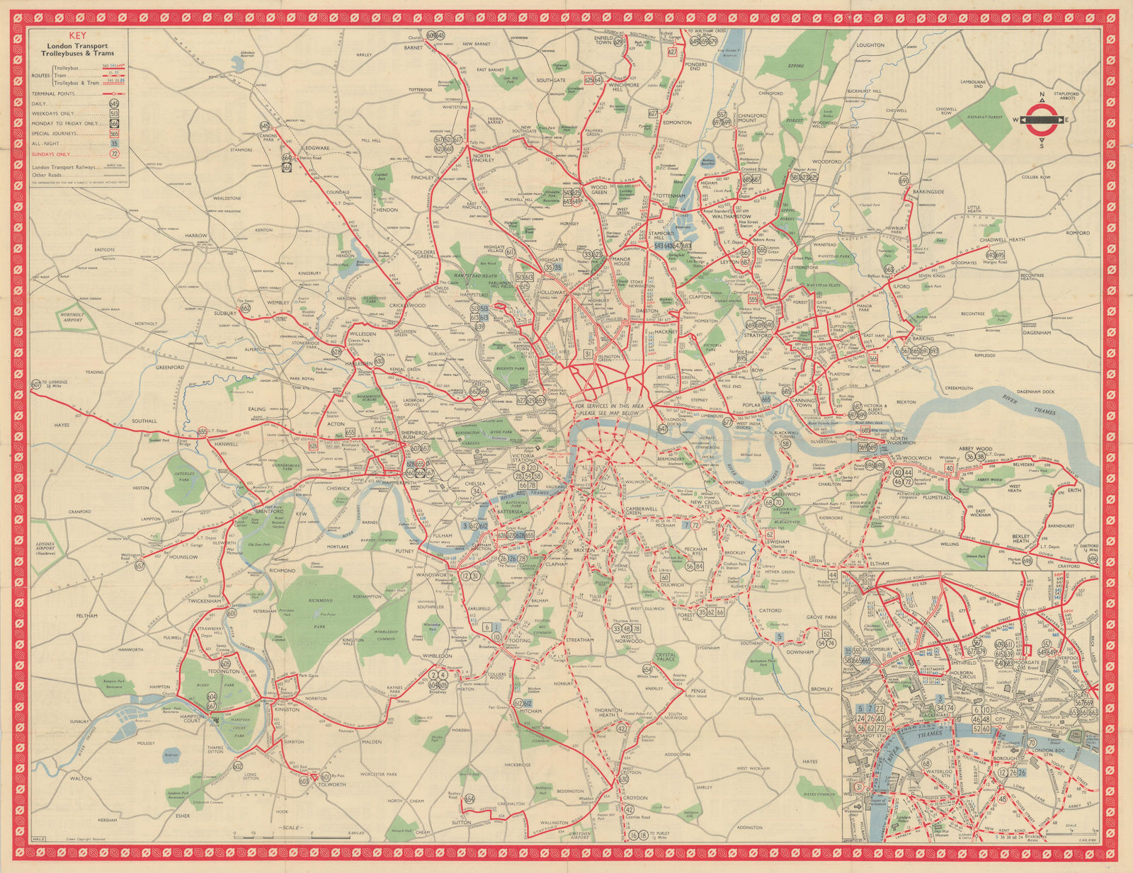 London Transport Trolleybus & Tram route map 1149. HALE January 1950 old