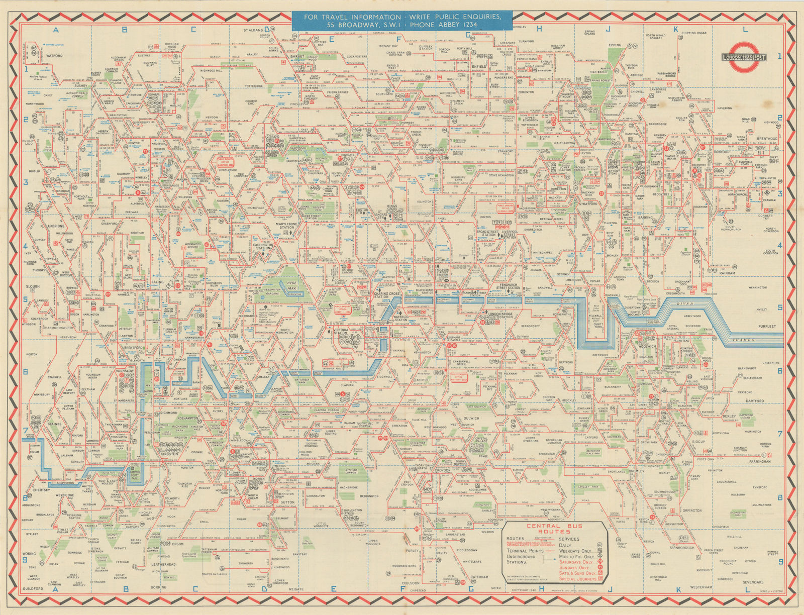 London Transport Bus map Central Area. ELSTON. #2 1946 old vintage chart