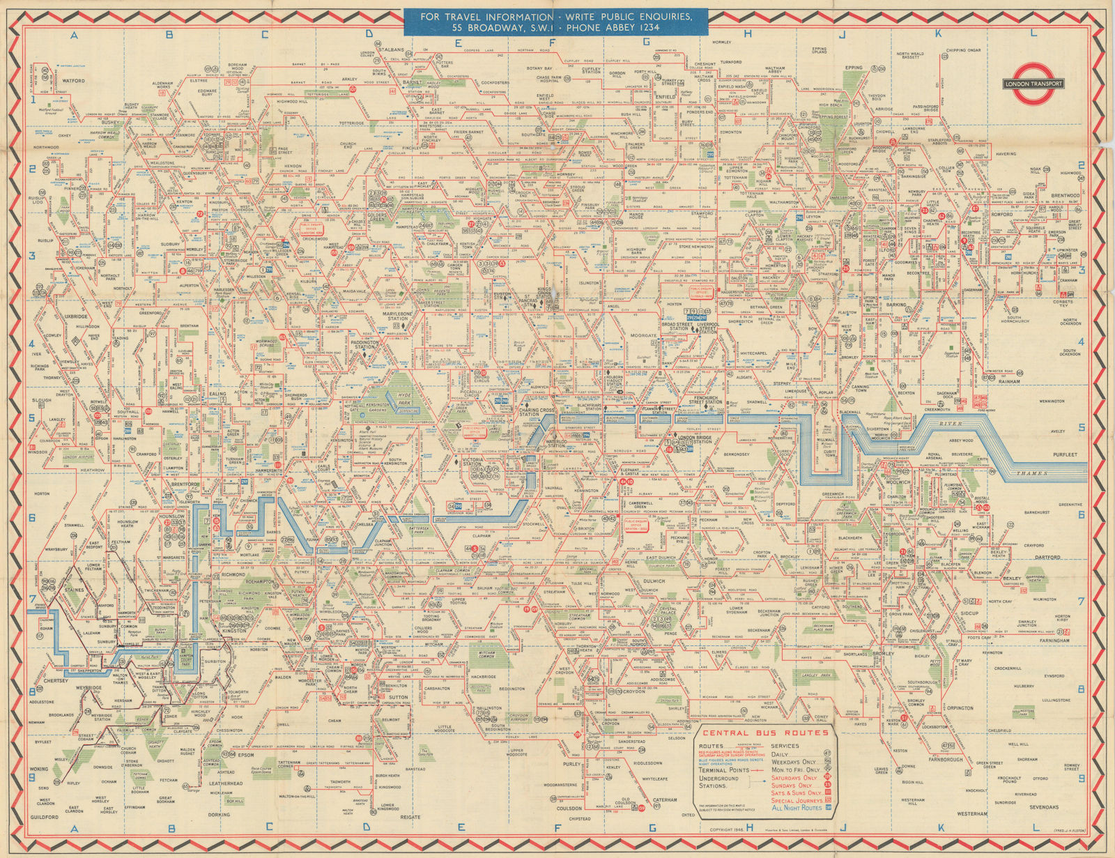 London Transport Bus map Central Area. ELSTON. #2 1947 old vintage chart