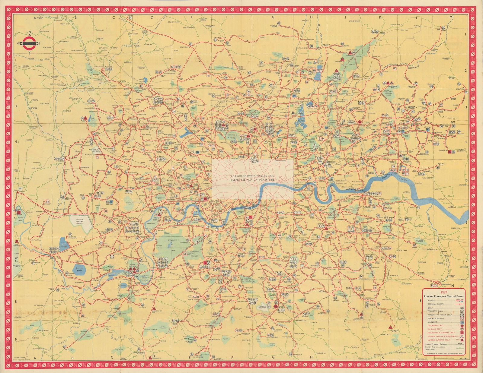 London Transport Bus map Central Area. LEWIS January 1950 old vintage
