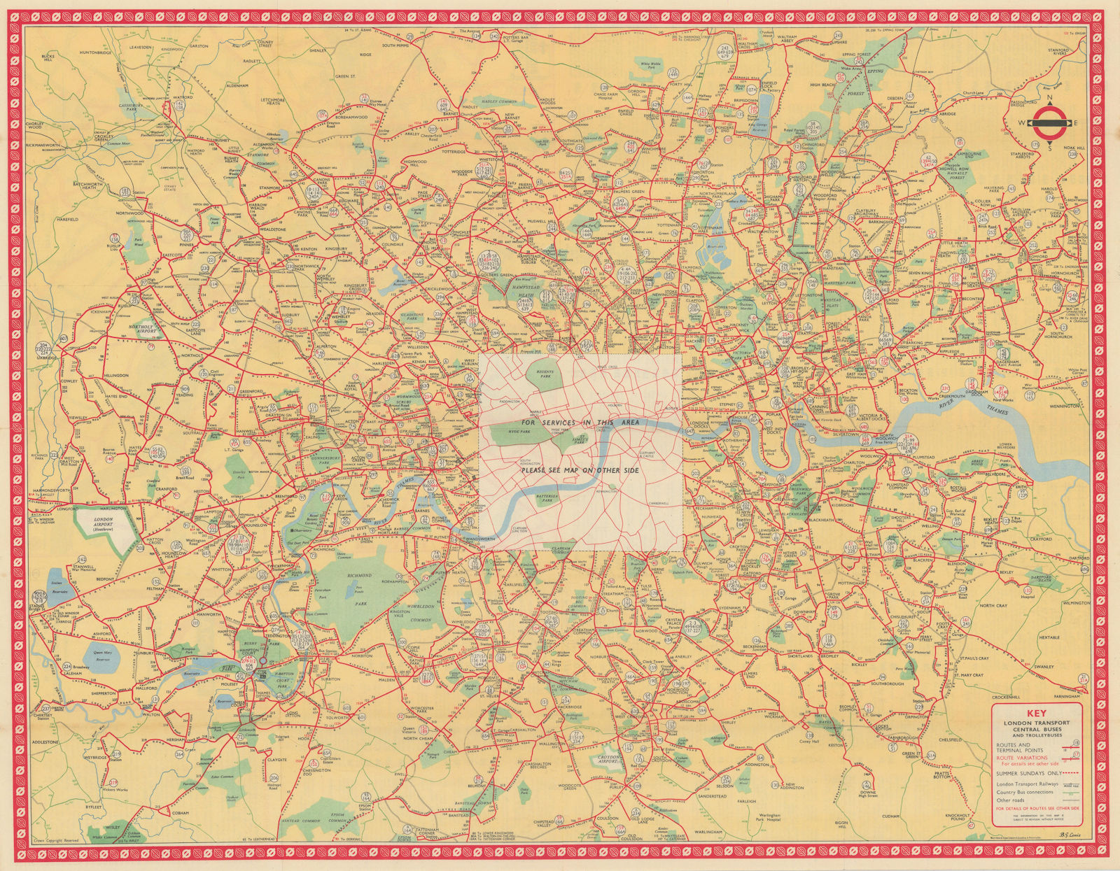 London Transport Bus map Central Area & Trolleybuses. LEWIS April 1952 old