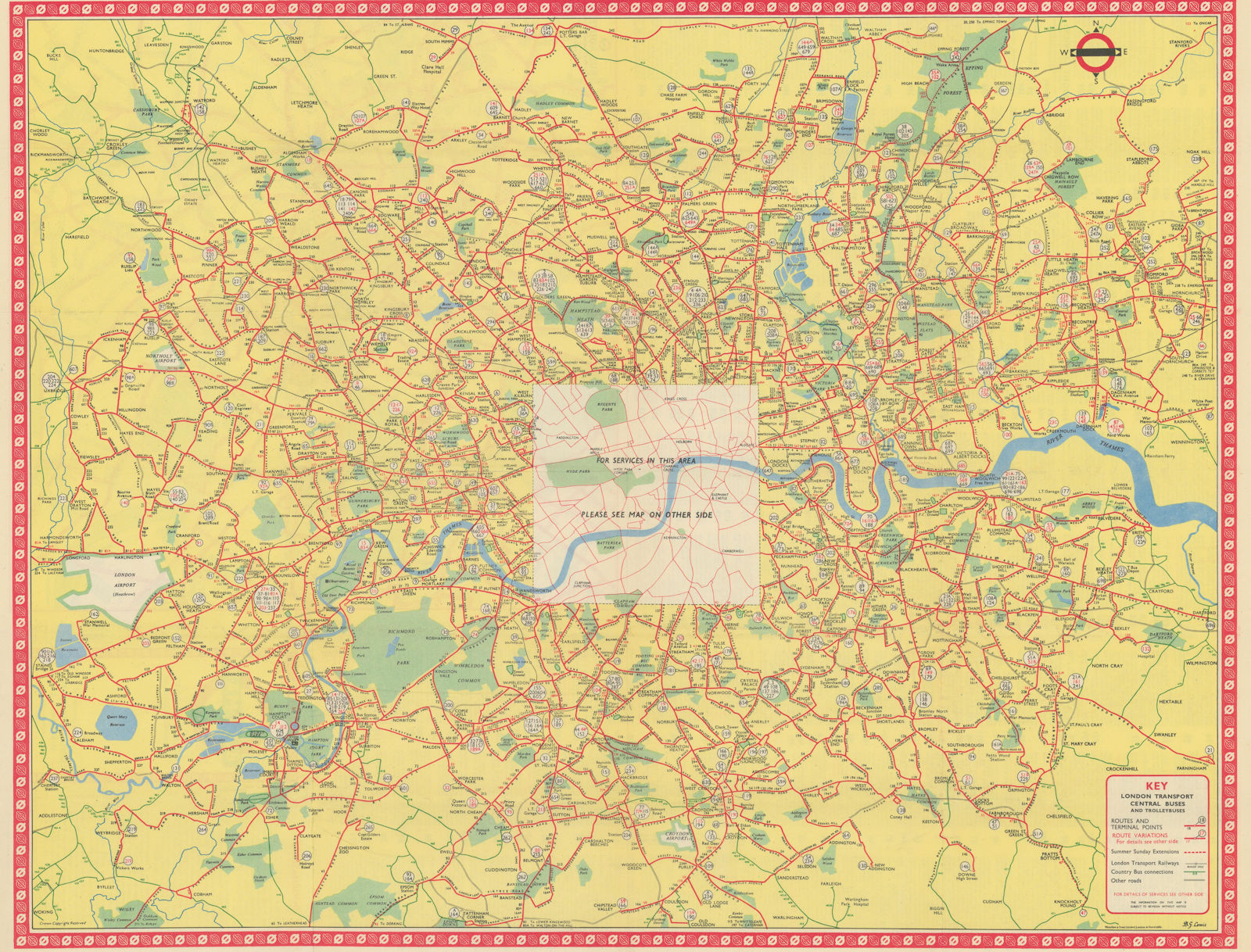 London Transport Bus map Central Area inc. Trolleybuses 1053 LEWIS 1954