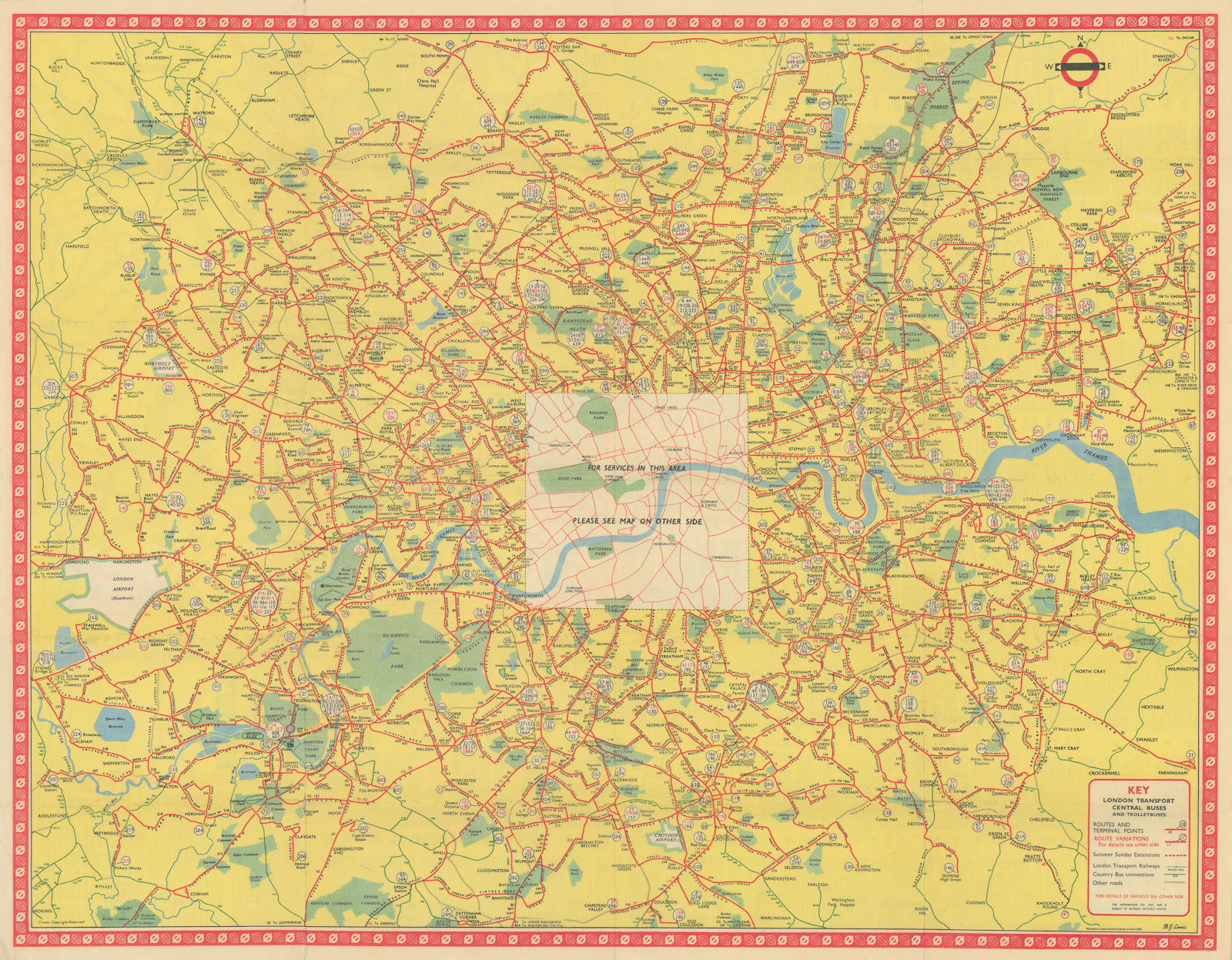 London Transport Bus map Central Area inc. Trolleybuses 754. LEWIS 1954