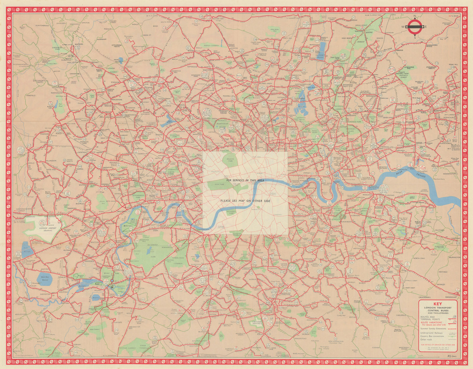 London Transport Bus map Central Area inc. Trolleybuses 1056 LEWIS 1957