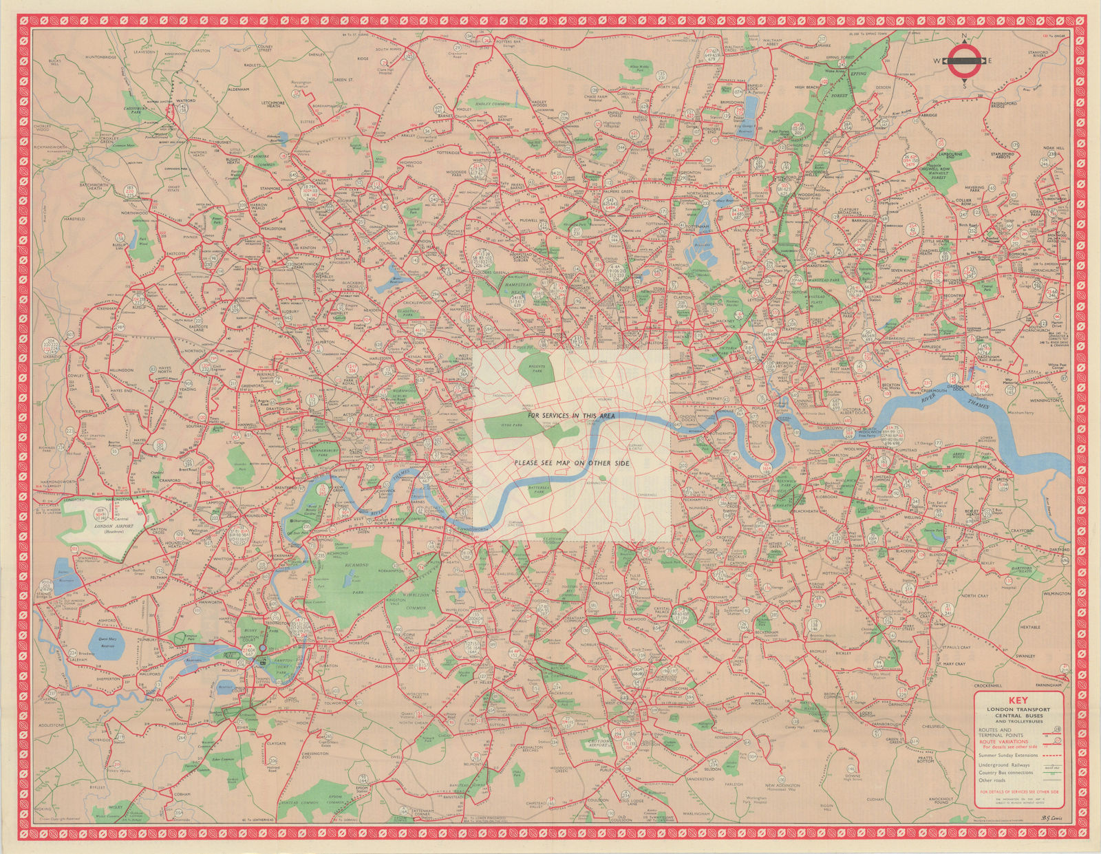 London Transport Bus map Central Area inc. Trolleybuses 557. LEWIS 1957
