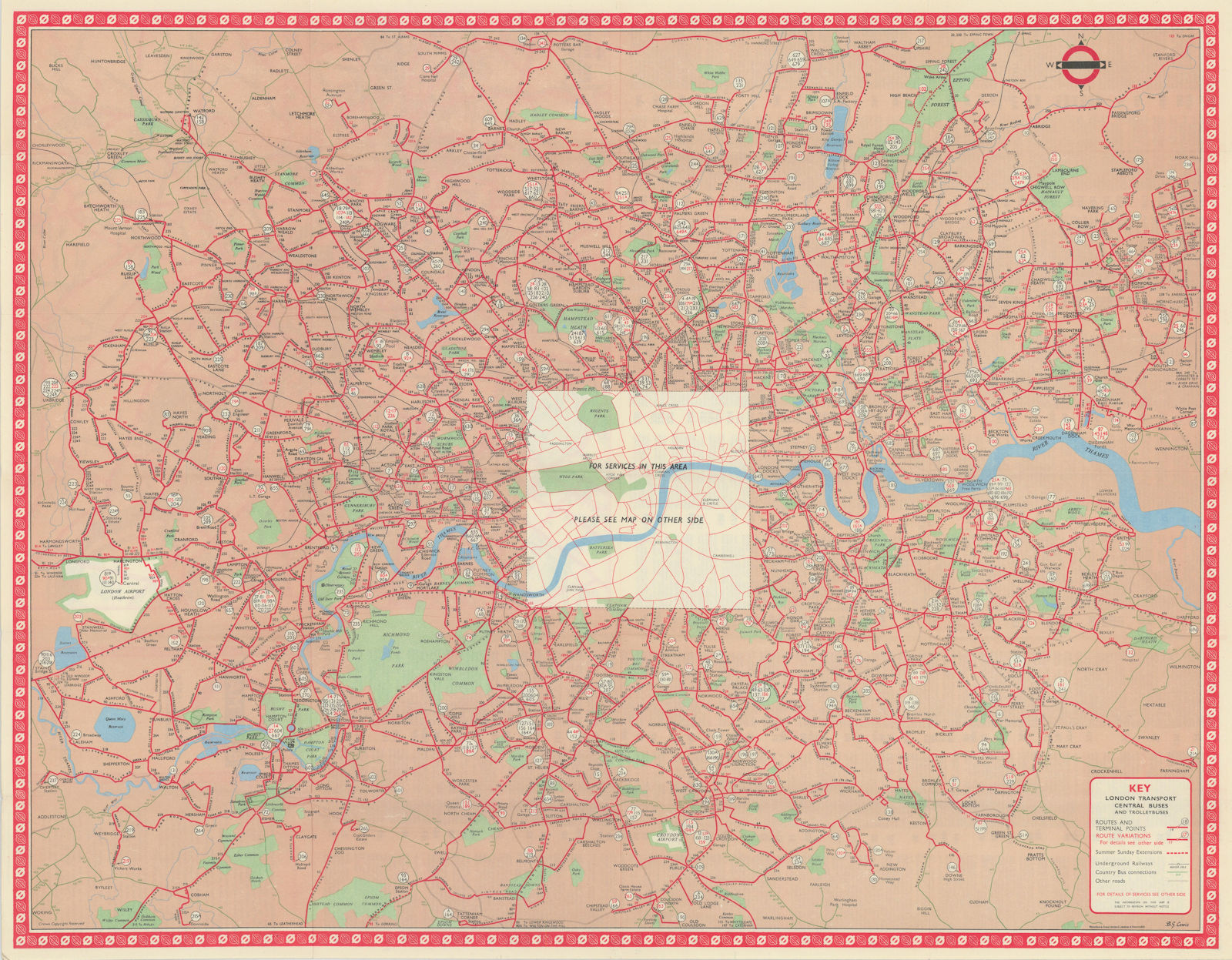 London Transport Bus map Central Area inc. Trolleybuses. LEWIS 1958 old