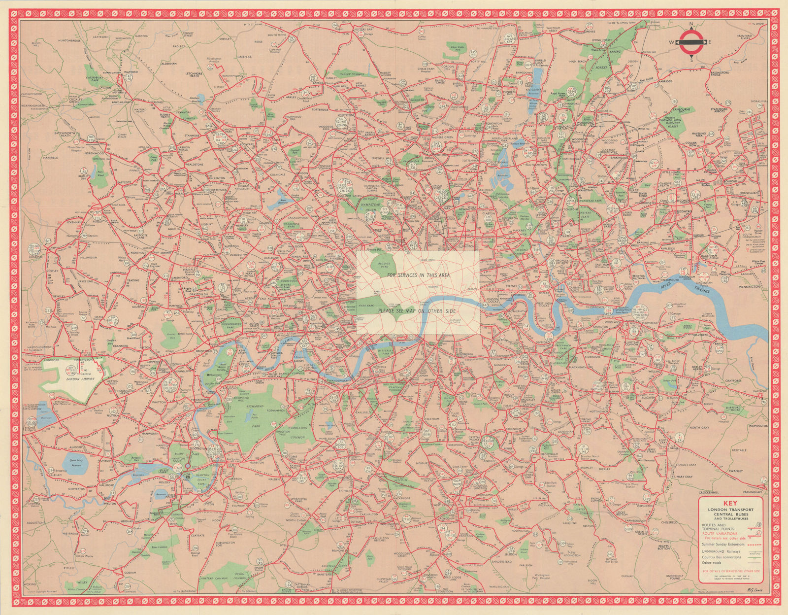 London Transport Bus map Central Area inc. Trolleybuses. LEWIS #2 1959 old