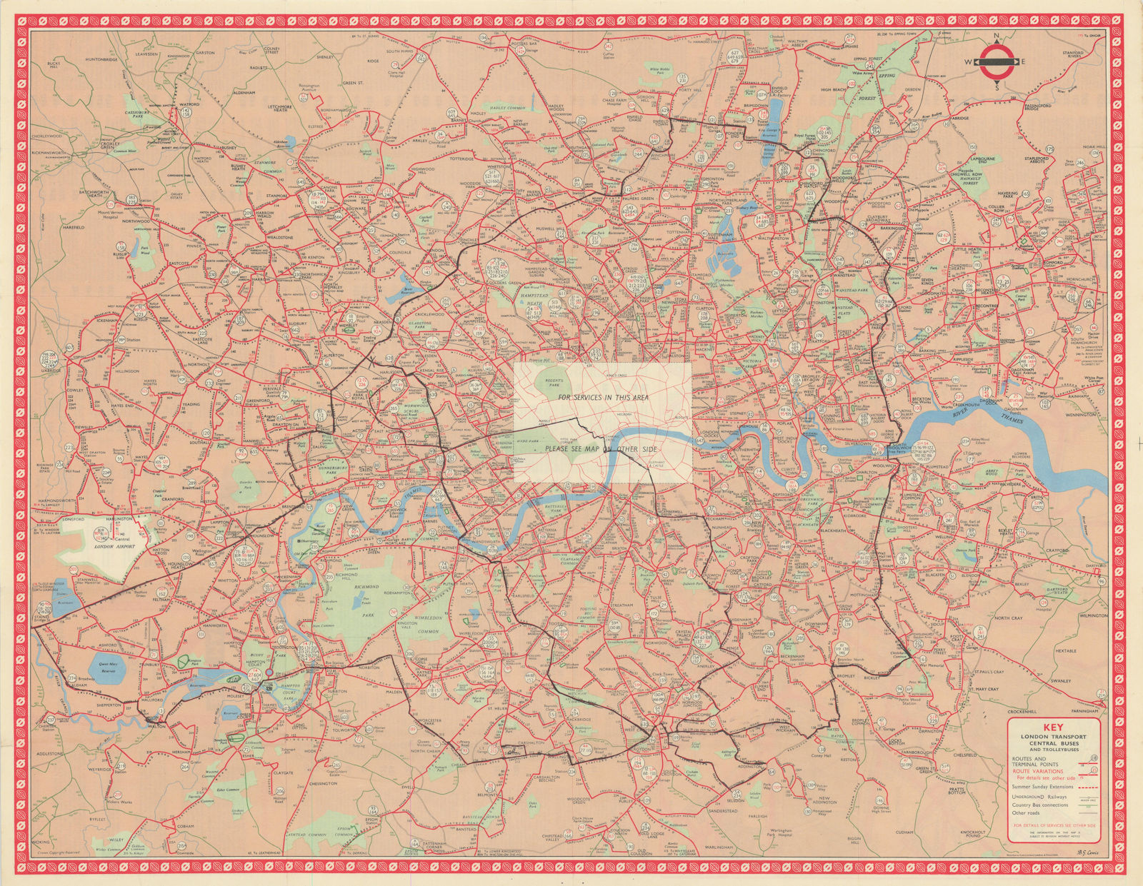 London Transport Bus map Central Area inc. Trolleybuses. LEWIS #3 1959 old