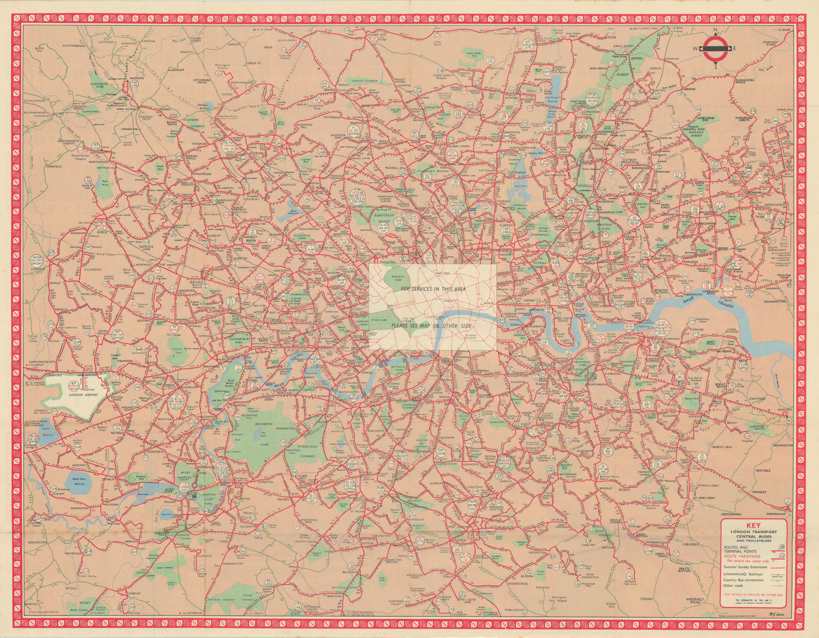 London Transport Bus map Central Area inc. Trolleybuses. LEWIS #1 1961 old
