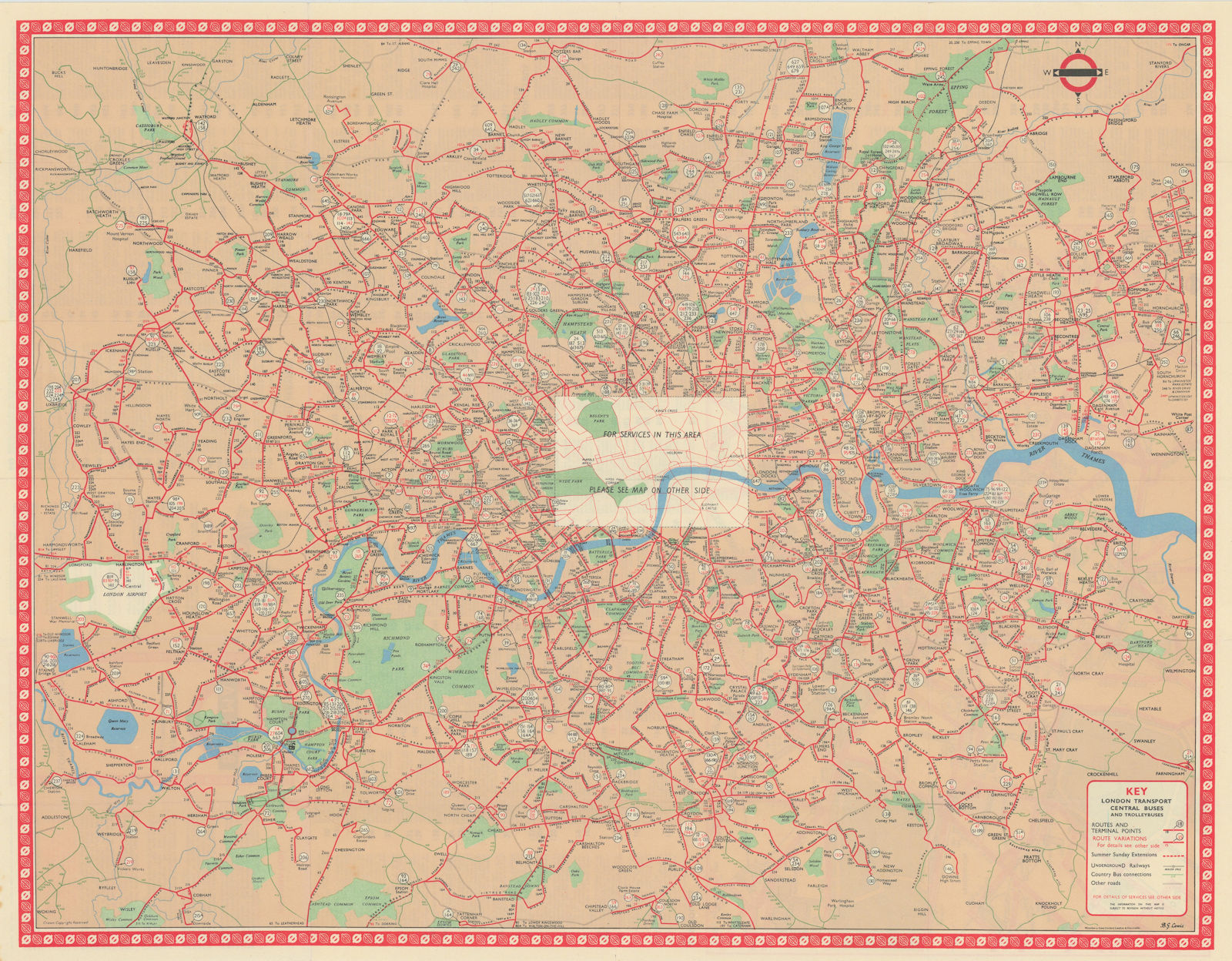 London Transport Bus map Central Area inc. Trolleybuses. LEWIS #4 1960 old