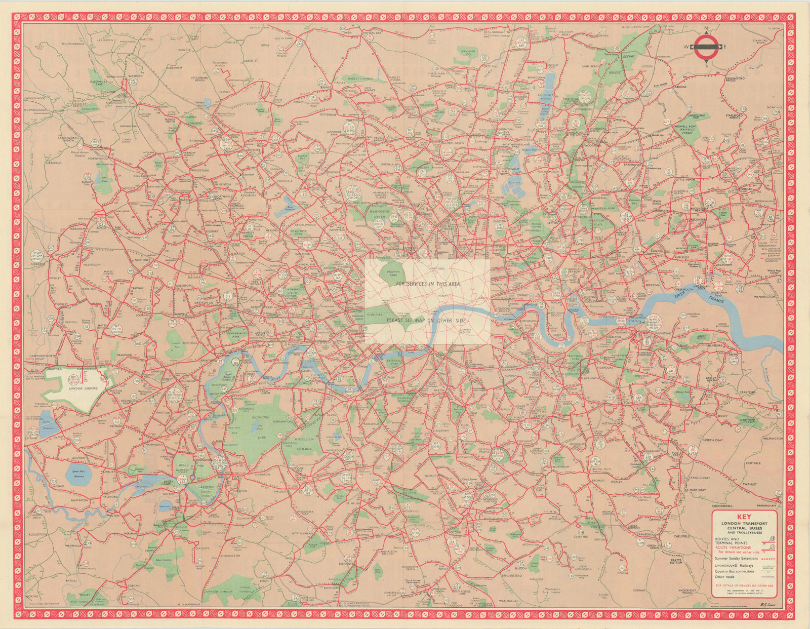 Associate Product London Transport Bus map Central Area inc. Trolleybuses. LEWIS #2 1961 old