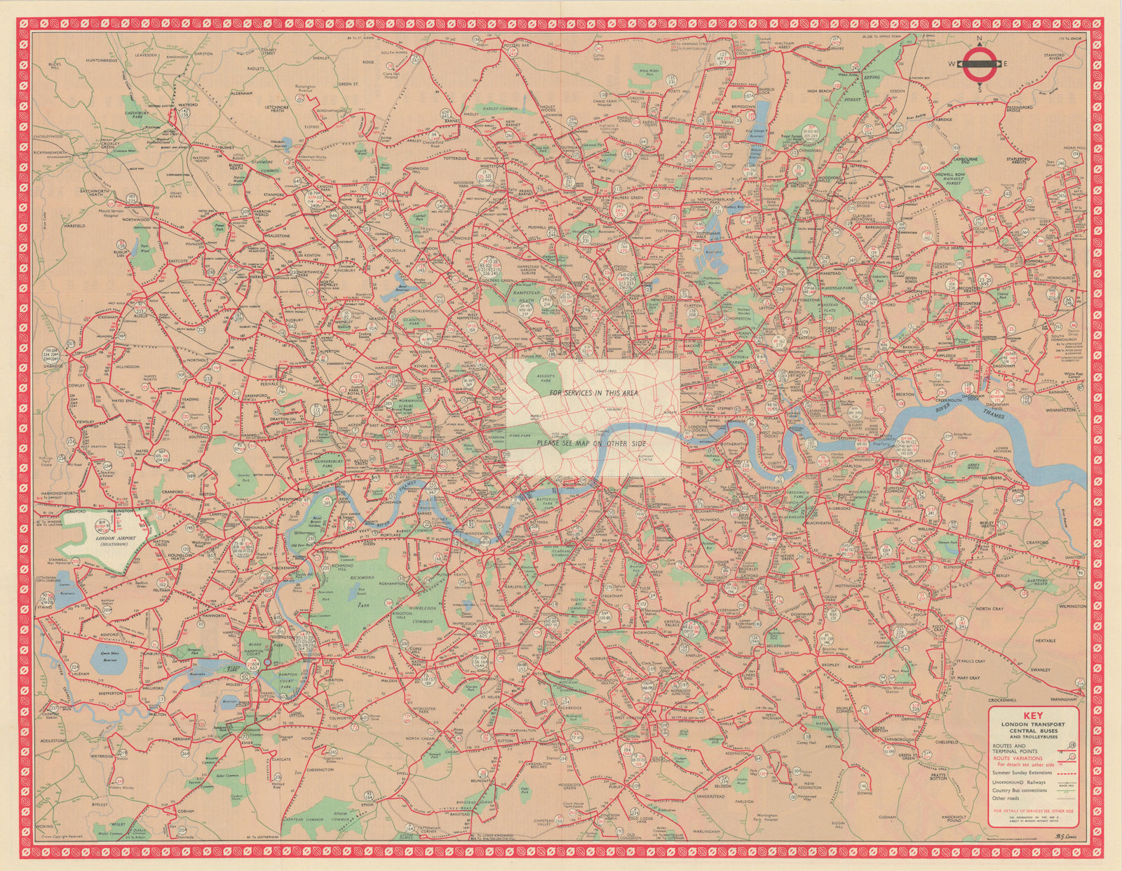 London Transport Bus map Central Area inc. Trolleybuses. LEWIS #3 1961 old