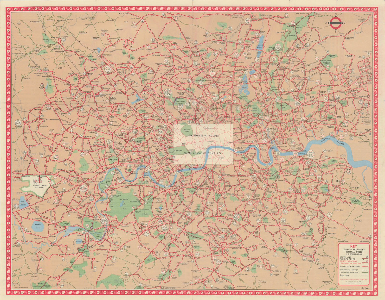 London Transport Central Buses map and list of routes. LEWIS #2 1962 old