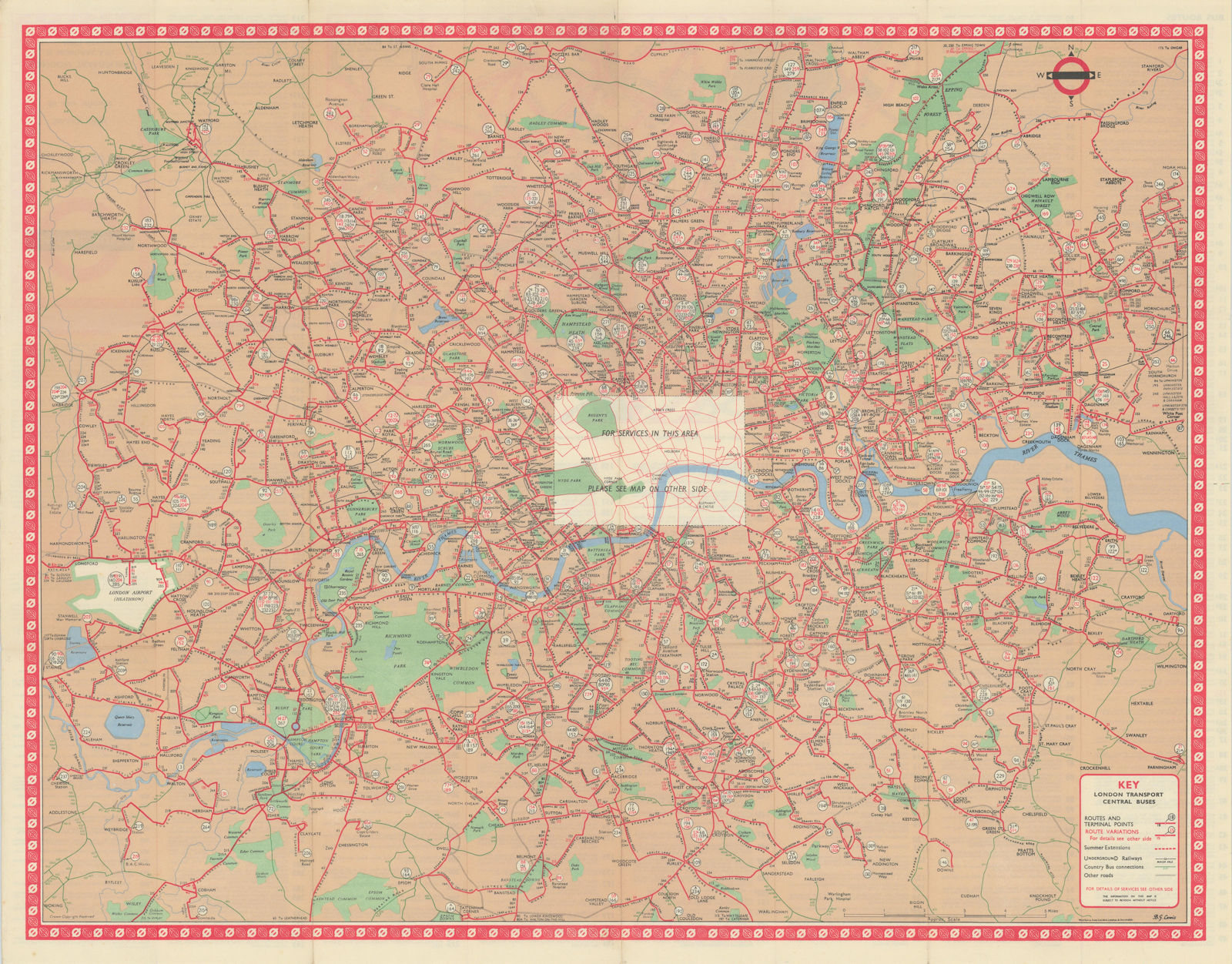 London Transport Central Buses map and list of routes. LEWIS #3 1964 old