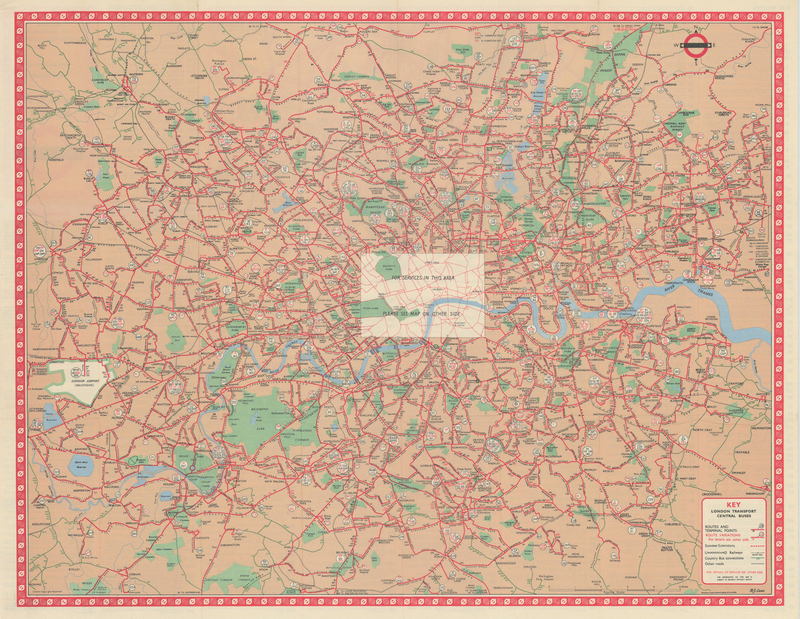 Associate Product London Transport Central Buses map and list of routes. LEWIS #1R 1965 old