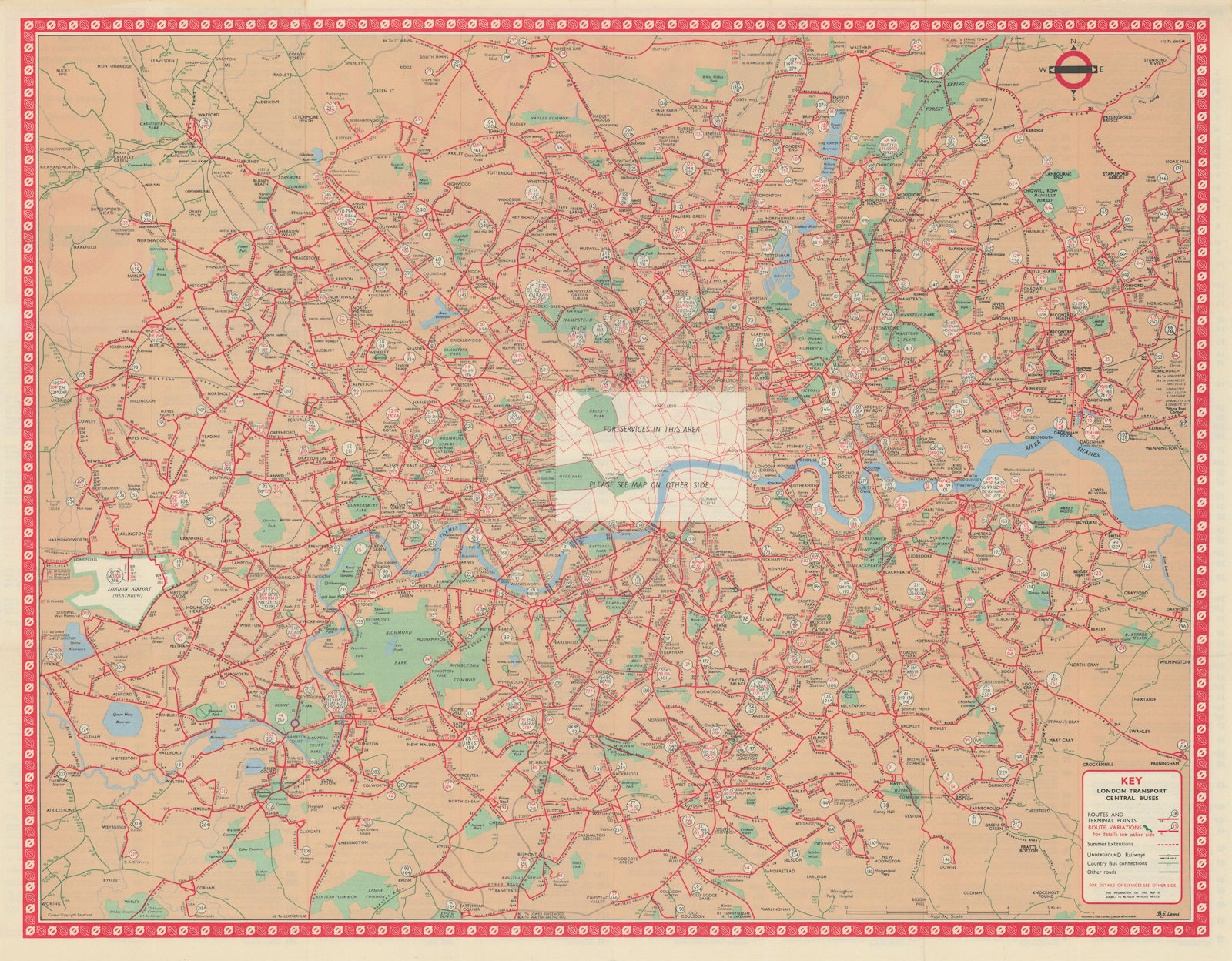 London Transport Central Buses map and list of routes. LEWIS #2 1965 old