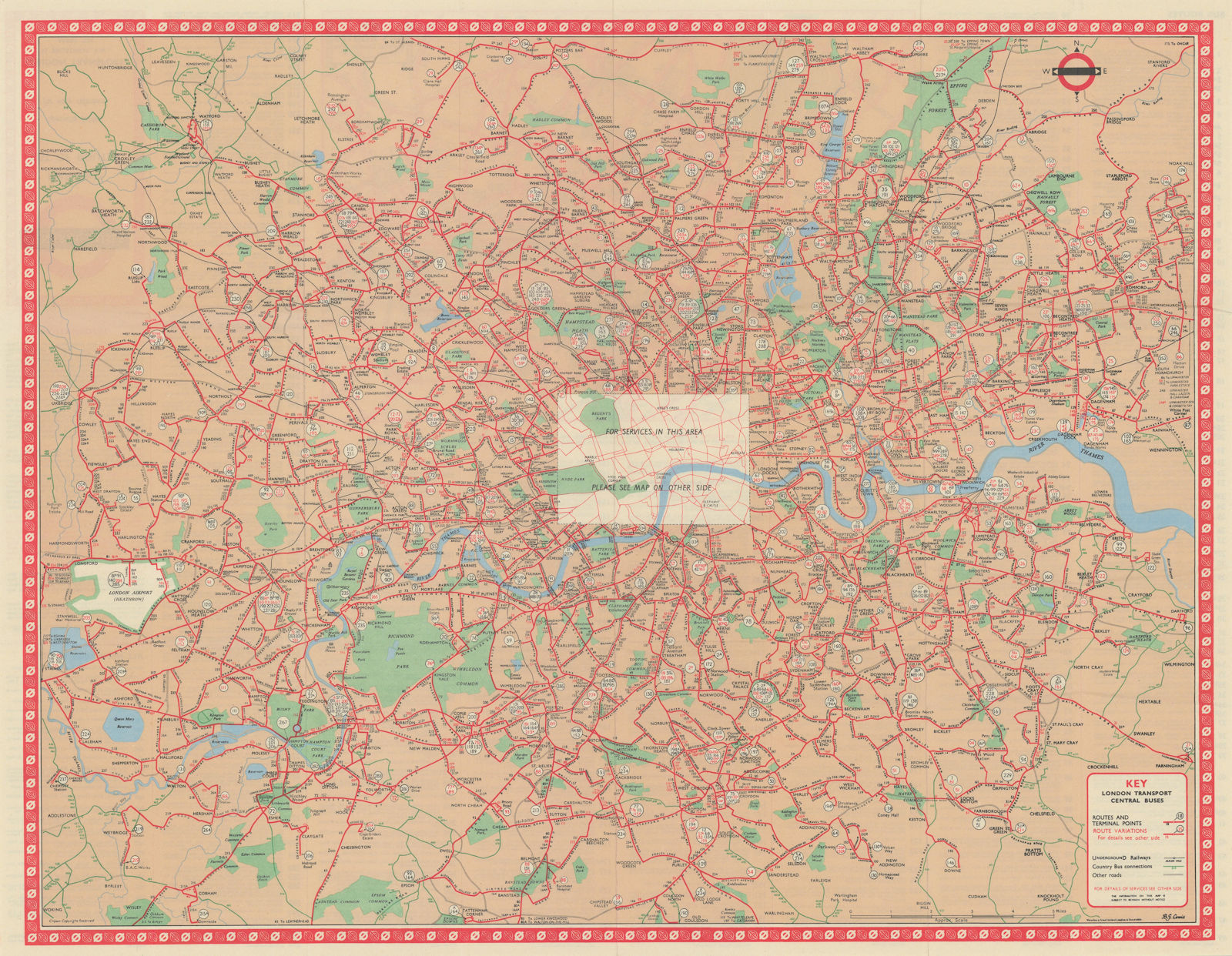 London Transport Central Buses map and list of routes. LEWIS #1 1966 old