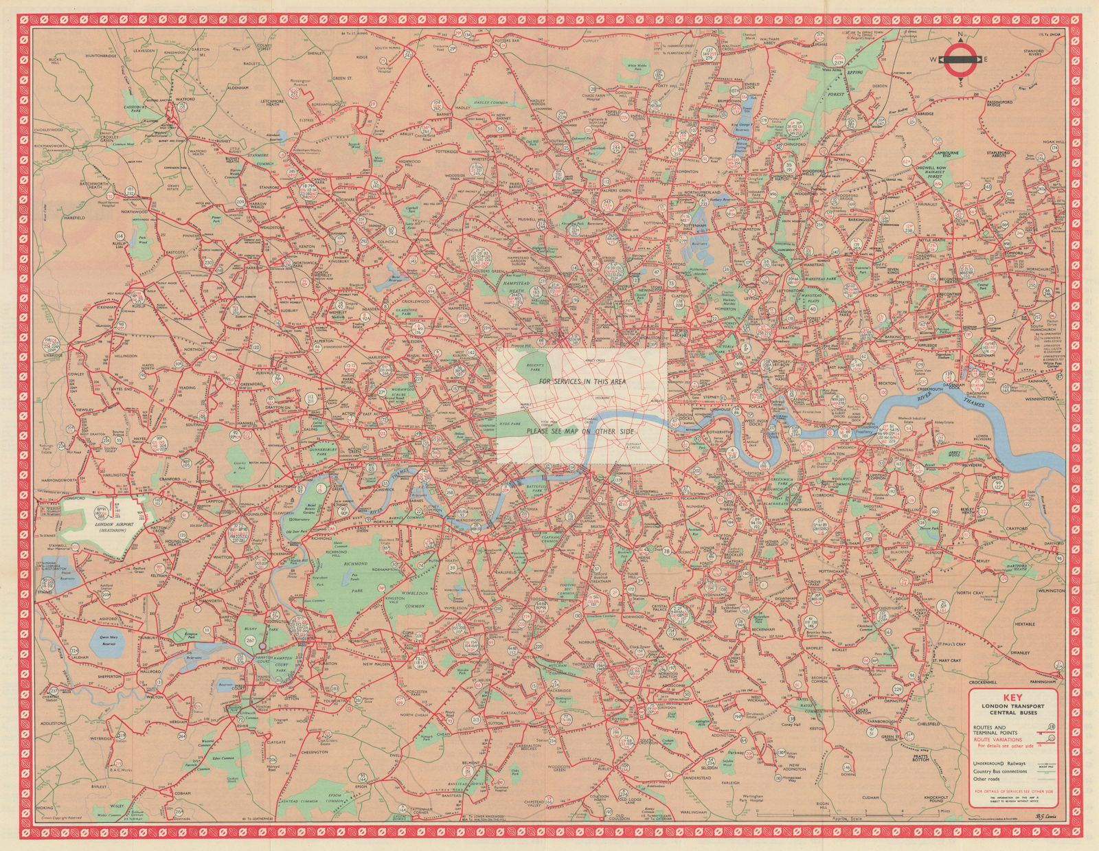 London Transport Central Buses map and list of routes. LEWIS #3 1966 old