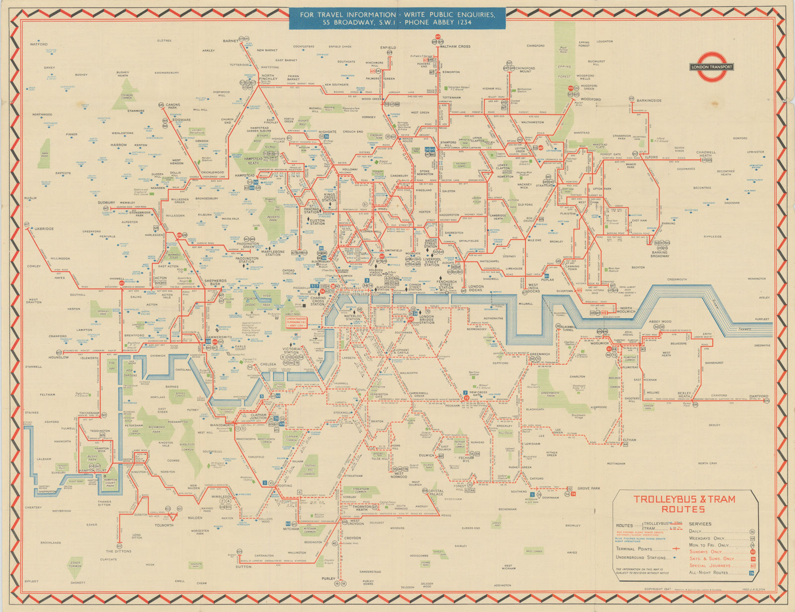 London Transport Trolleybus & Tram map of Routes. ELSTON. #2 1947 old