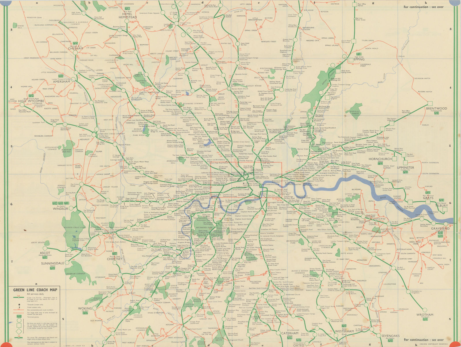 London Transport Green Line Coach map. #1 1947 old vintage plan chart