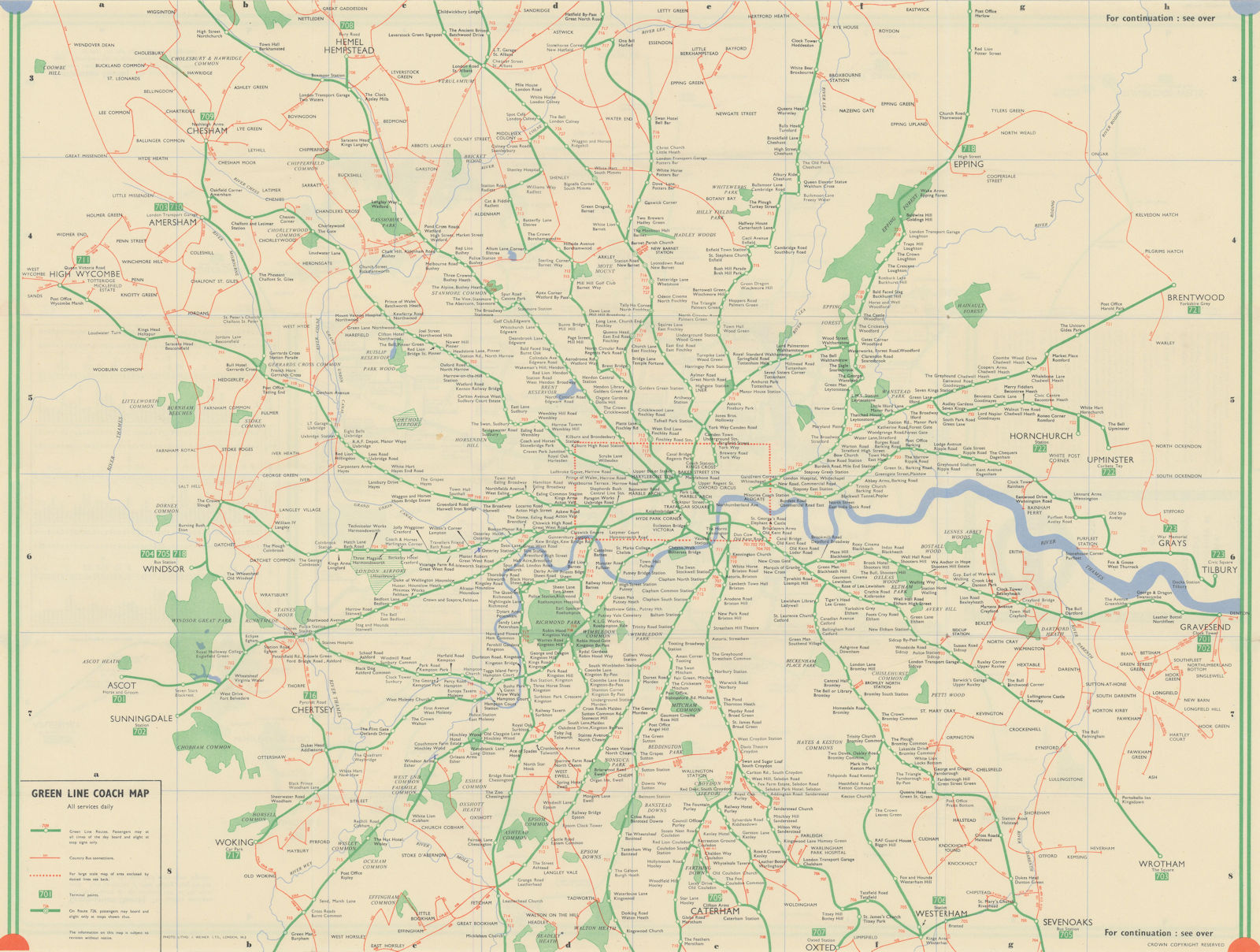 London Transport Green Line Coach map. #1 1948 old vintage plan chart