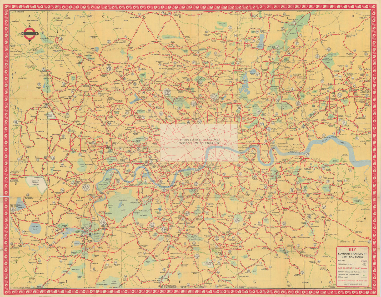 Associate Product London Transport Bus map Central Area. LEWIS. January 1951 old vintage