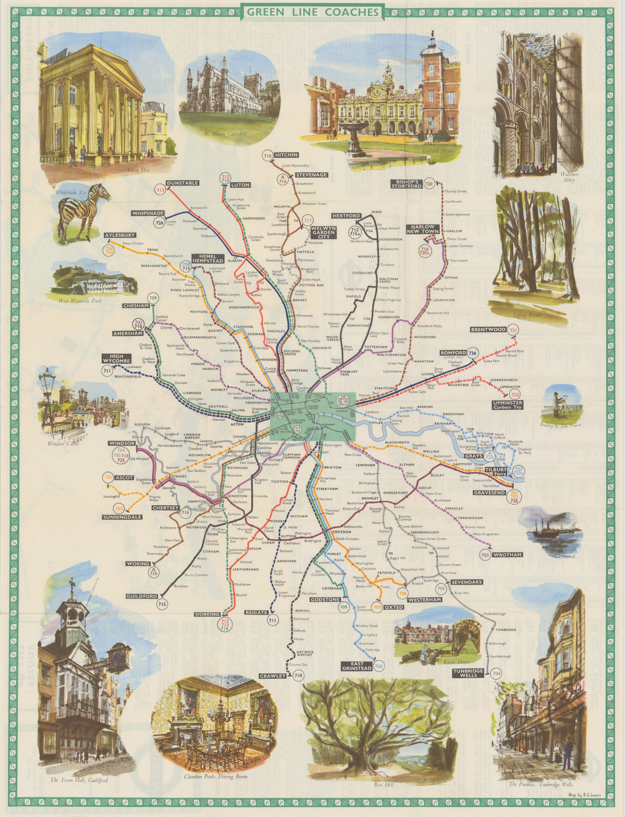 London Transport Green Line Coach Routes. LEWIS 1962 old vintage map chart