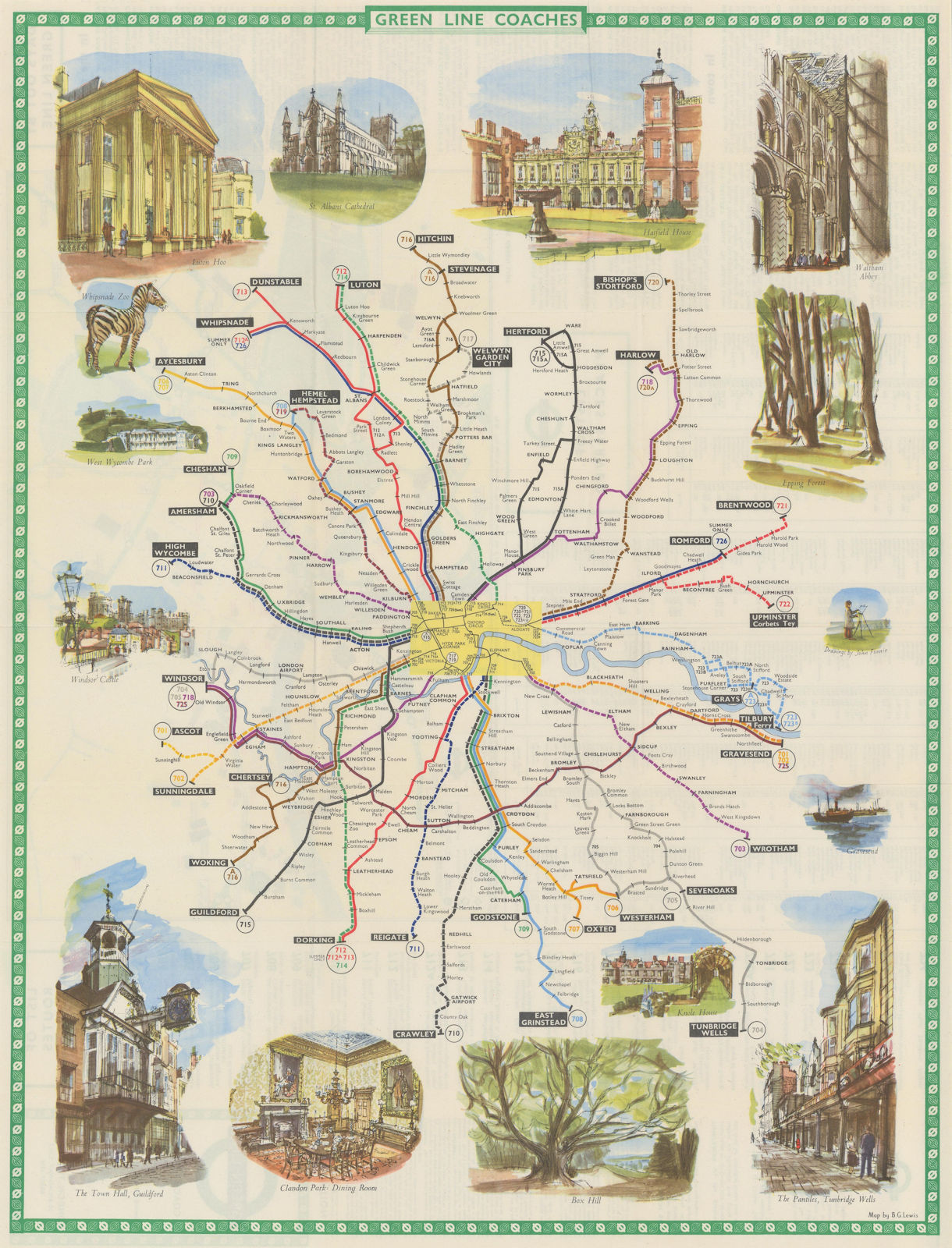 London Transport Green Line Coach Routes. LEWIS #1 1963 old vintage map chart