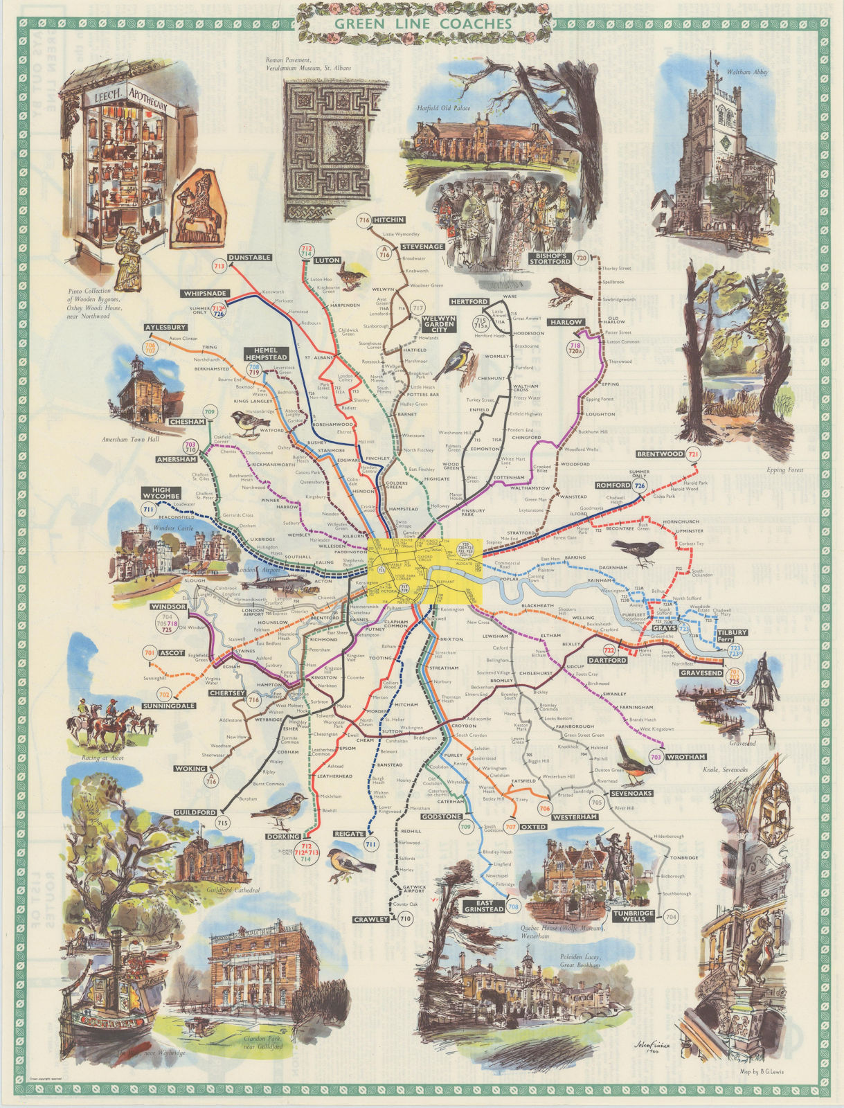 Associate Product London Transport Green Line Coach Routes. LEWIS #1 1964 old vintage map chart