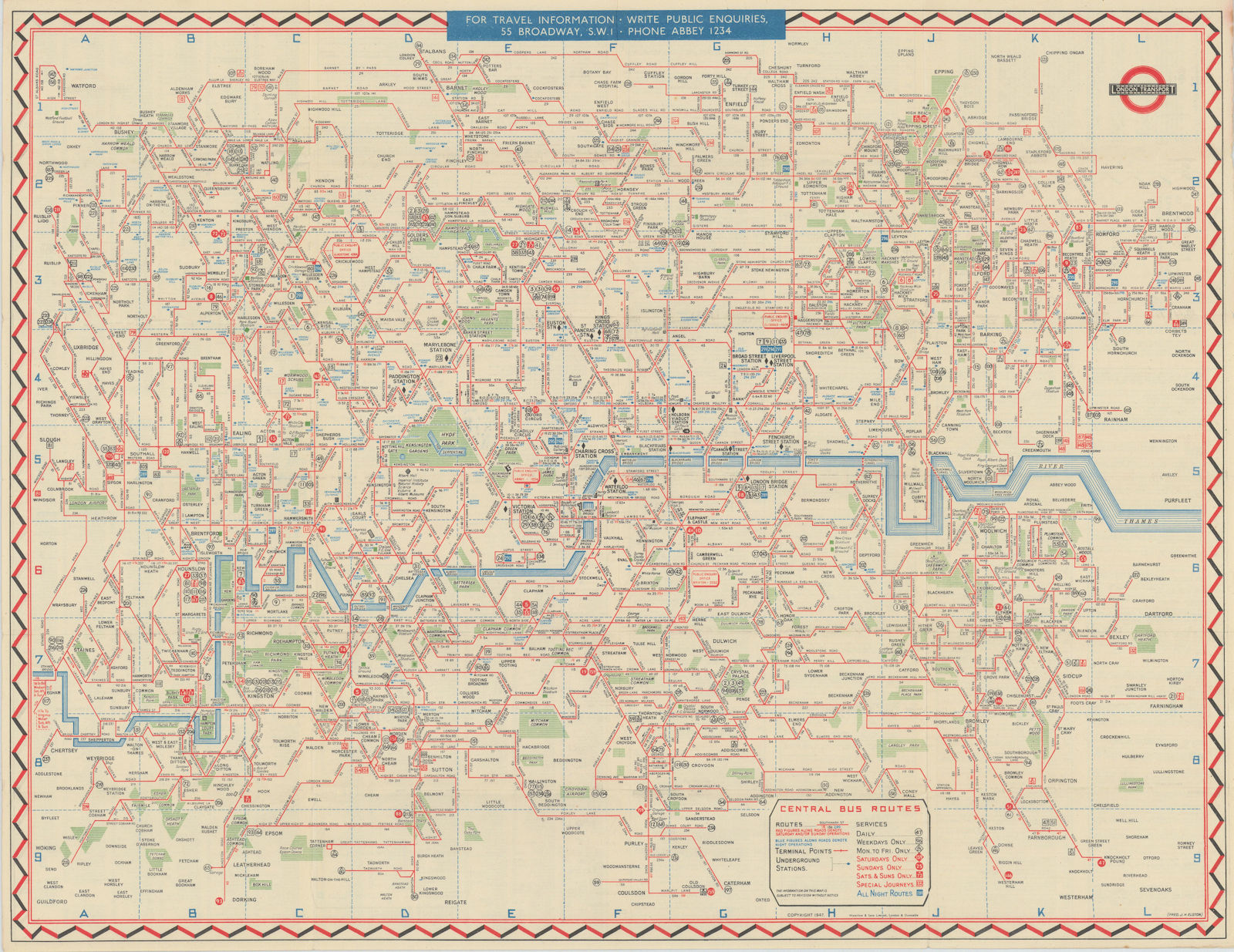 London Transport Bus map Central Area. ELSTON. #1 1947 old vintage chart