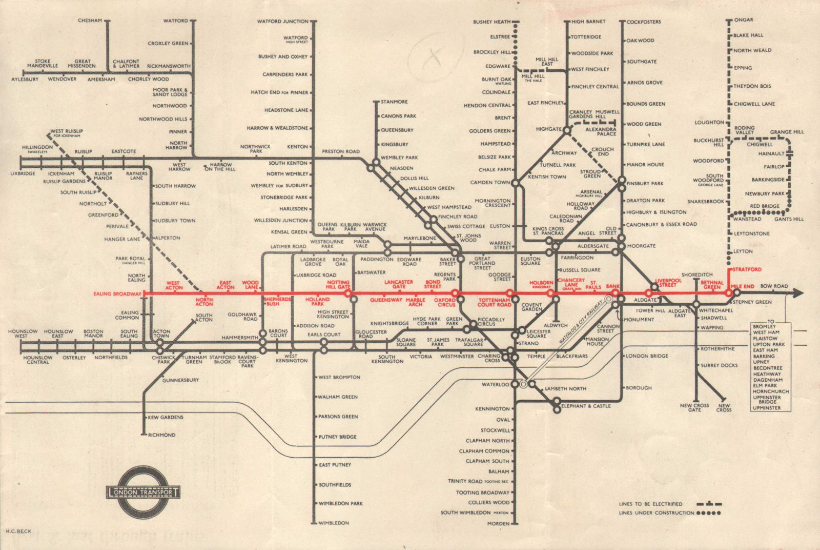 LONDON UNDERGROUND tube map plan. Central Line extension to Stratford. BECK 1946