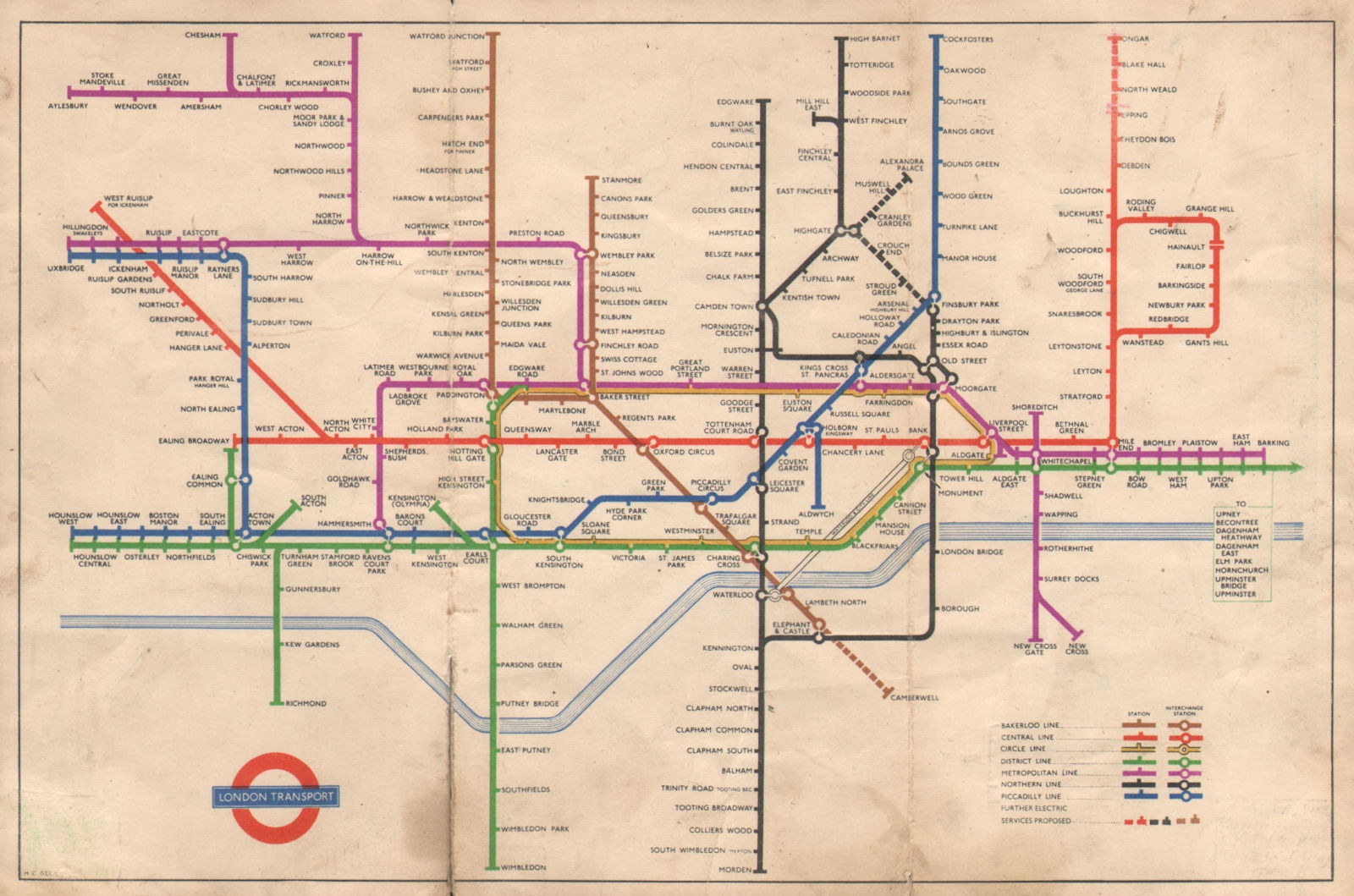 LONDON UNDERGROUND tube map plan. Alexandra Palace. South Acton. HARRY BECK 1950