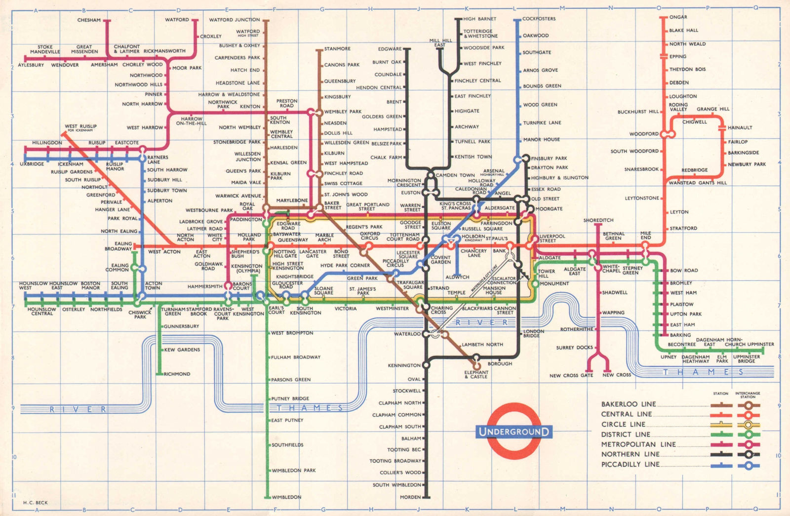LONDON UNDERGROUND tube map plan No South Acton. Aylesbury Ongar HARRY BECK 1959