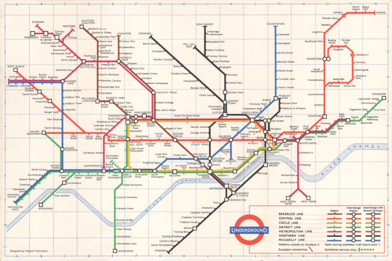 LONDON UNDERGROUND tube map plan. 1st HAROLD HUTCHISON version. September 1961