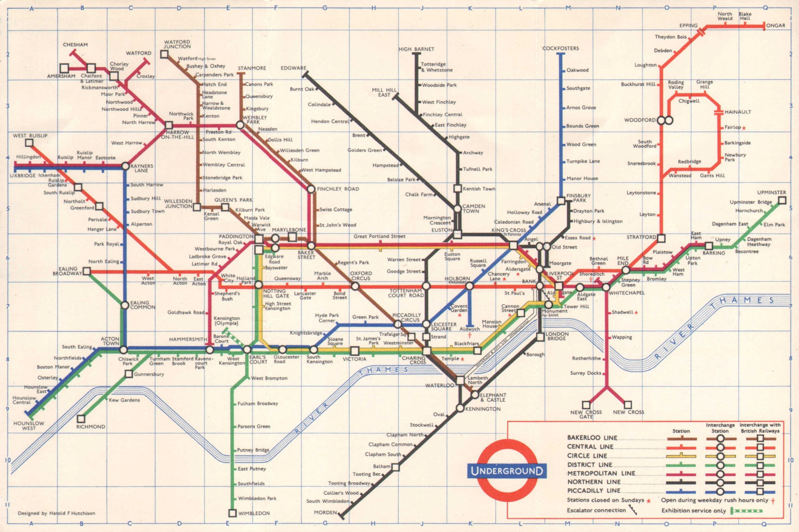 LONDON UNDERGROUND diagram of lines tube map. Ongar. Essex Rd. HUTCHISON 1962
