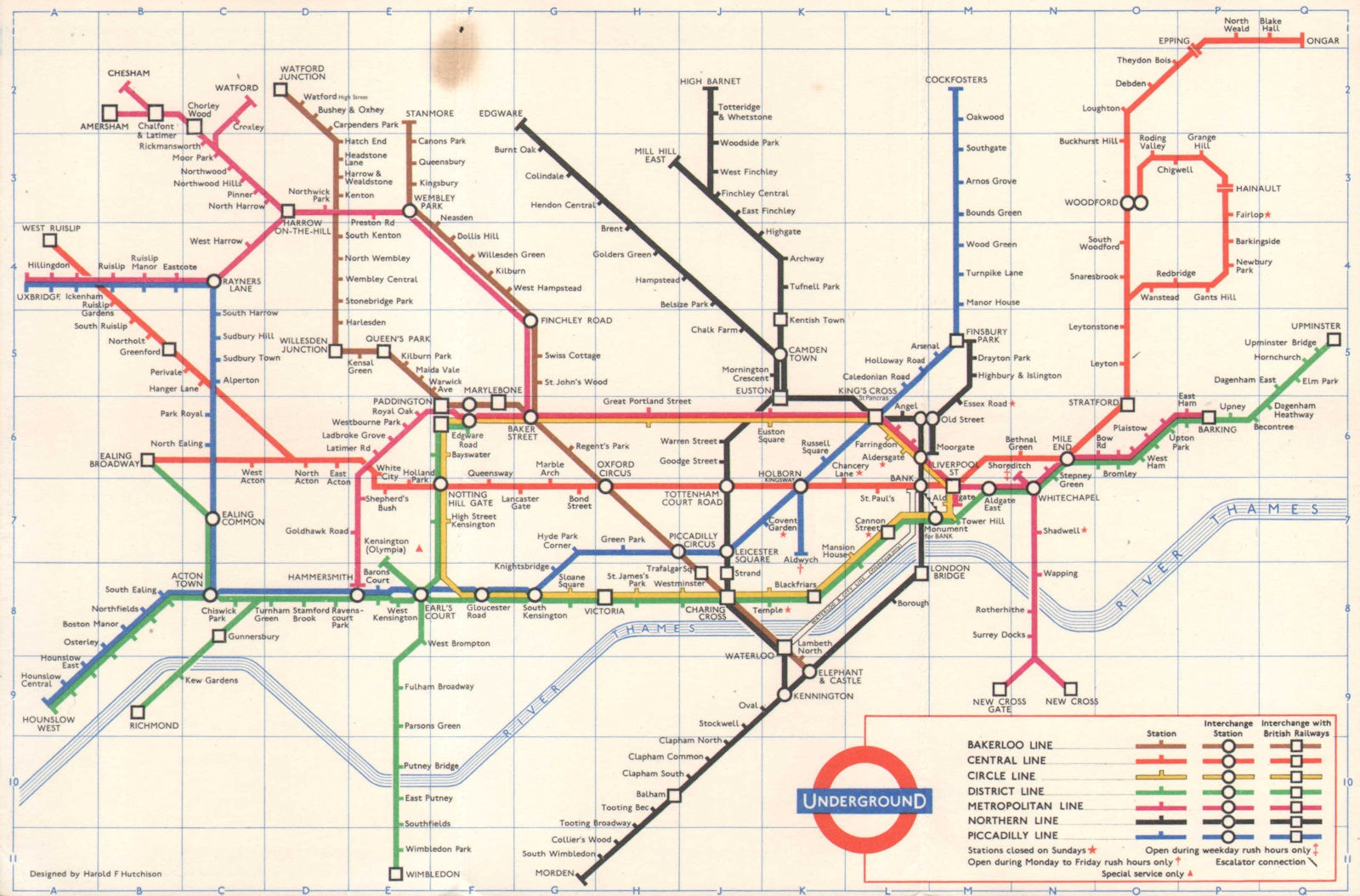 LONDON UNDERGROUND diagram of lines tube map. Ongar. Essex Rd. HUTCHISON 1963